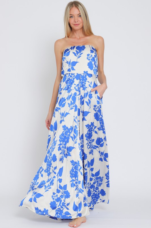 Sleeveless Floral Print Wide Leg Jumpsuit Blue