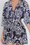 Kimono Sleeve Front Tie Abstract Print Romper Navy