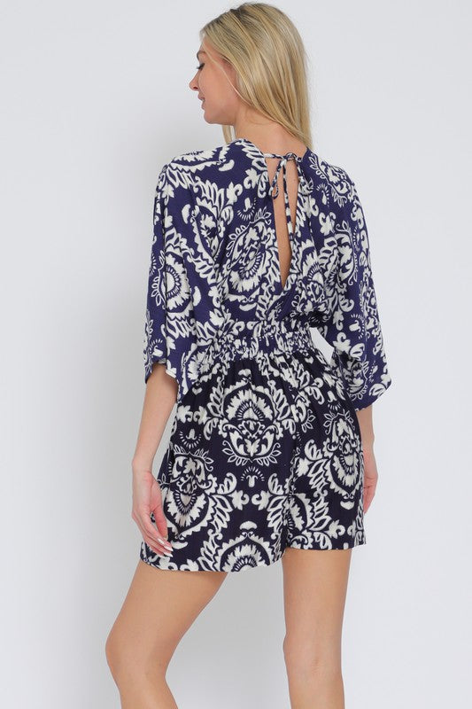 Kimono Sleeve Front Tie Abstract Print Romper Navy