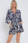 Kimono Sleeve Front Tie Abstract Print Romper Navy