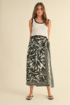 High Waist Floral Print Linen Wrap Midi Skirt Black