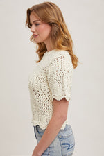 Short Sleeve Open Crochet Knit Sweater Top Cream