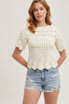 Short Sleeve Open Crochet Knit Sweater Top Cream