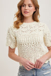 Short Sleeve Open Crochet Knit Sweater Top Cream