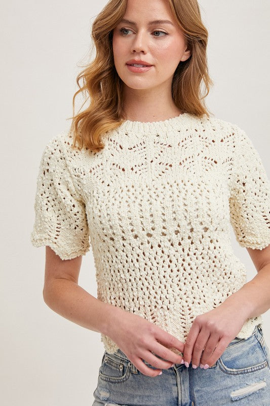 Short Sleeve Open Crochet Knit Sweater Top Cream