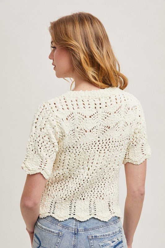 Short Sleeve Open Crochet Knit Sweater Top Cream