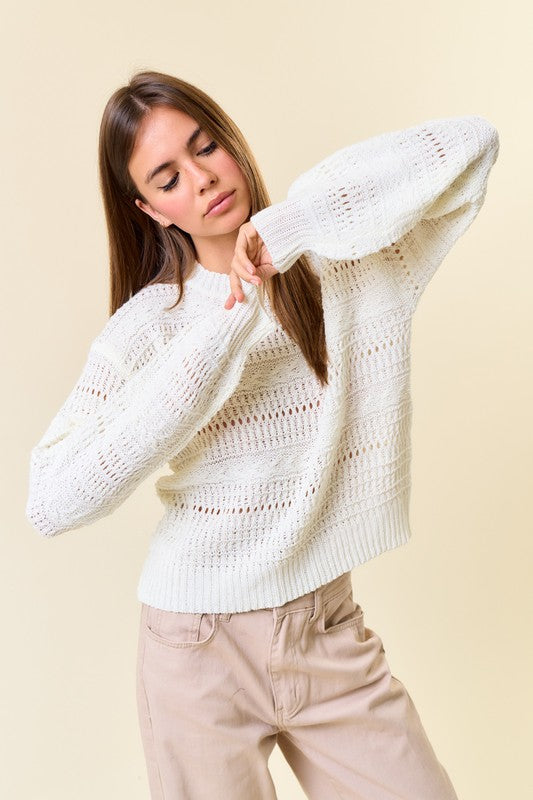 Long Sleeve Pointelle Sweater Top White