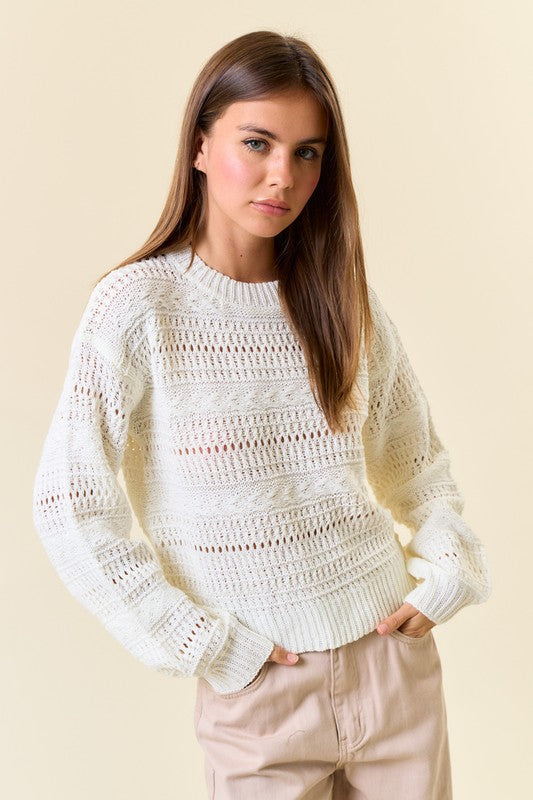 Long Sleeve Pointelle Sweater Top White