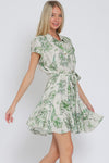 Short Sleeve Floral Print Button Down Mini Dress Green