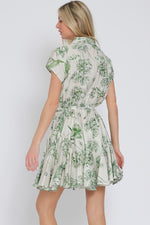 Short Sleeve Floral Print Button Down Mini Dress Green