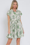 Short Sleeve Floral Print Button Down Mini Dress Green