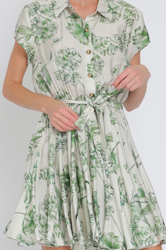 Short Sleeve Floral Print Button Down Mini Dress Green