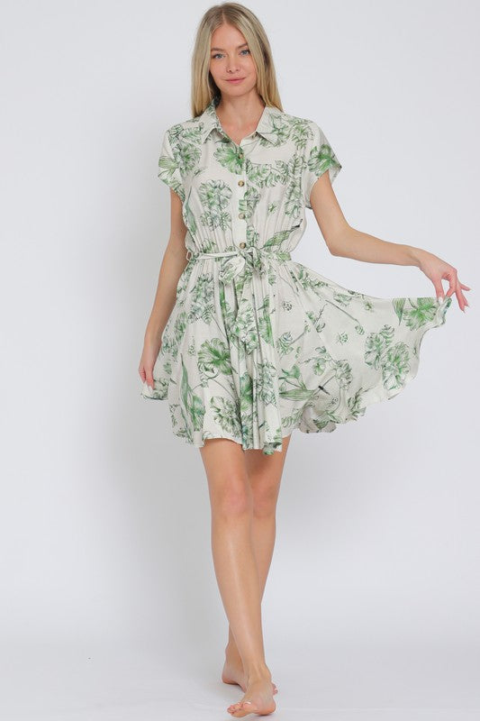 Short Sleeve Floral Print Button Down Mini Dress Green