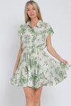 Short Sleeve Floral Print Button Down Mini Dress Green