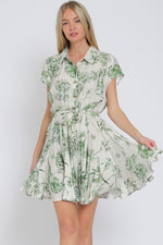 Short Sleeve Floral Print Button Down Mini Dress Green