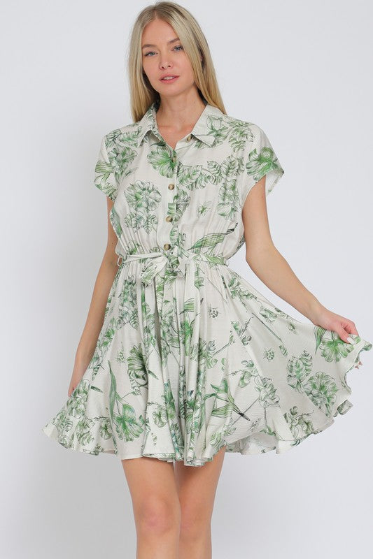 Short Sleeve Floral Print Button Down Mini Dress Green