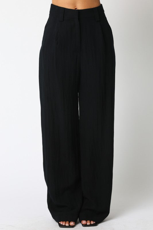 High Waist Woven Wide Leg Pants Black