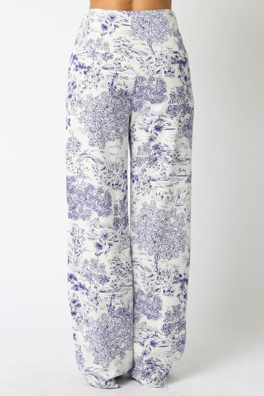 High Waist Abstract Print Wide Leg Pants White