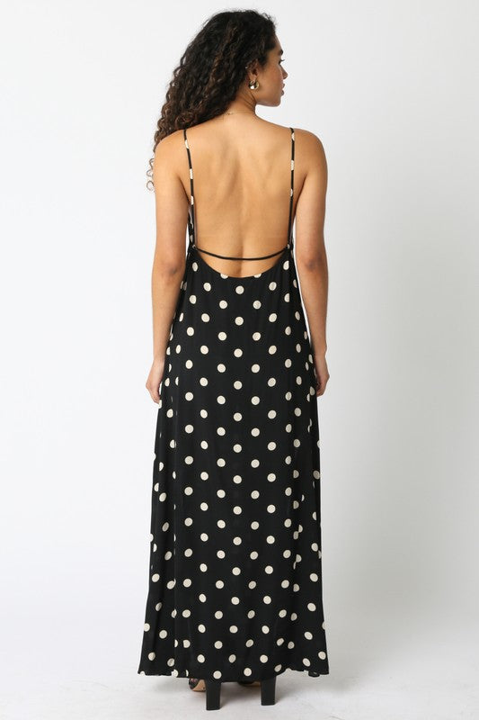 Sleeveless Low Open Back Polka Dot Print Maxi Dress Black