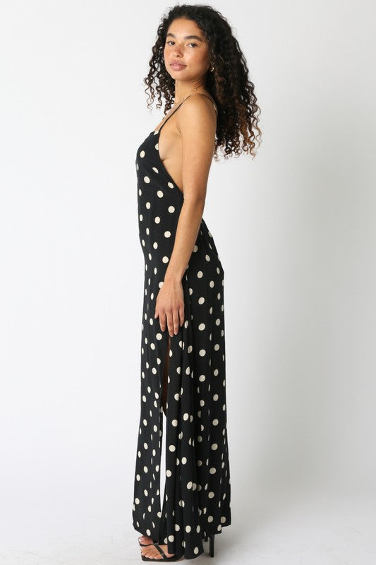 Sleeveless Low Open Back Polka Dot Print Maxi Dress Black