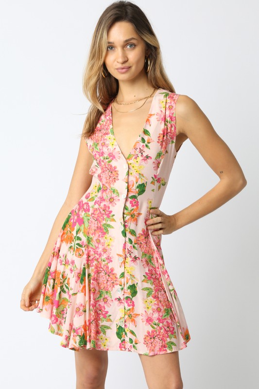 Sleeveless Button Down Floral Print Mini Dress Peach