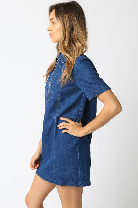 Short Sleeve Denim Mini Dress Dark Wash