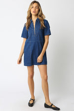 Short Sleeve Denim Mini Dress Dark Wash