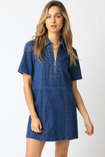 Short Sleeve Denim Mini Dress Dark Wash