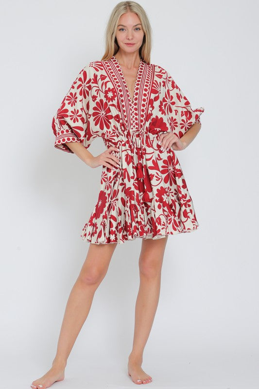 Dolman Sleeve Floral Print Waist Tie Mini Dress Red