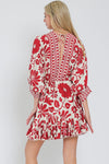 Dolman Sleeve Floral Print Waist Tie Mini Dress Red