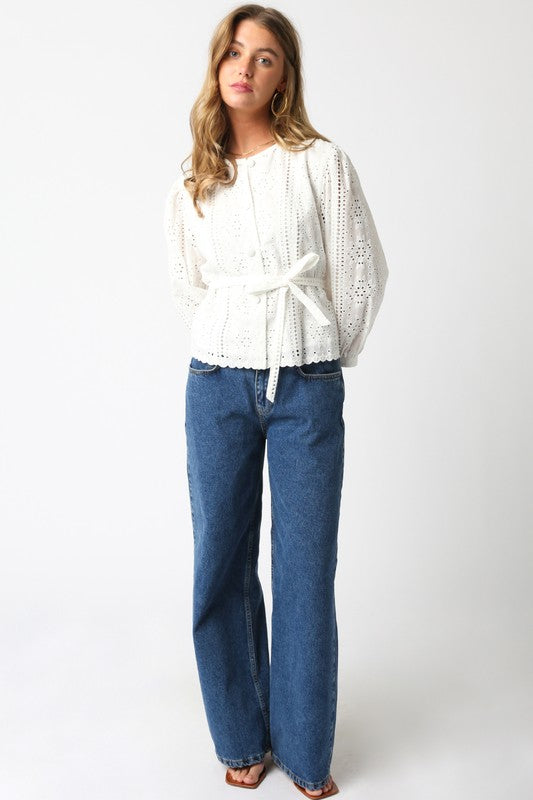 Long Sleeve Button Down Waist Tie Eyelet Top White