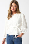 Long Sleeve Button Down Waist Tie Eyelet Top White