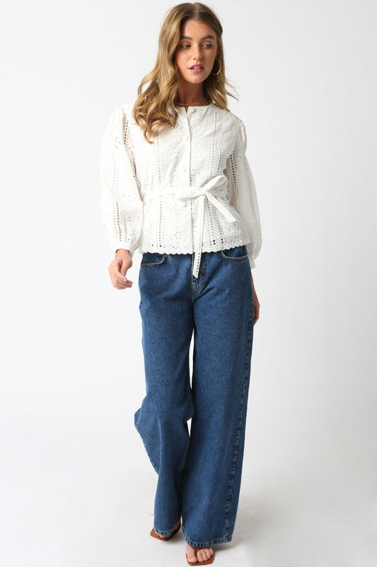 Long Sleeve Button Down Waist Tie Eyelet Top White