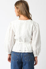 Long Sleeve Button Down Waist Tie Eyelet Top White