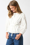 Long Sleeve Button Down Waist Tie Eyelet Top White