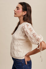 Short Puff Sleeve Pointelle Knit Sweater Top Cream