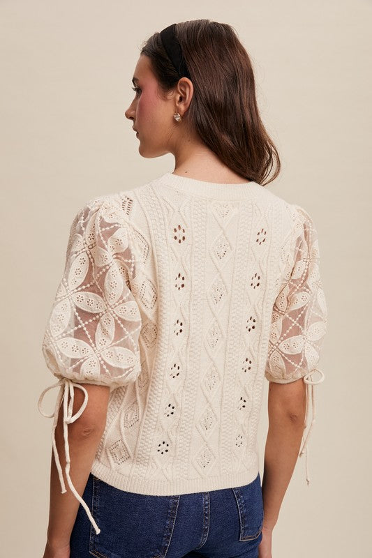 Short Puff Sleeve Pointelle Knit Sweater Top Cream