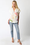 Short Sleeve Button Down Floral Print Top White