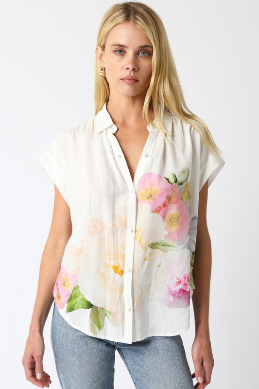 Short Sleeve Button Down Floral Print Top White