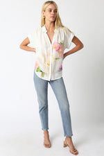 Short Sleeve Button Down Floral Print Top White