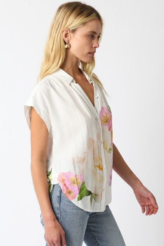 Short Sleeve Button Down Floral Print Top White