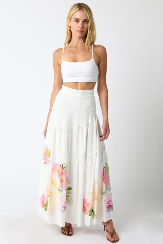 High Waist Tie Floral Print Maxi Skirt White