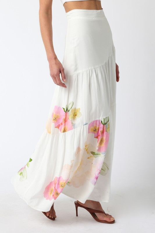 High Waist Tie Floral Print Maxi Skirt White