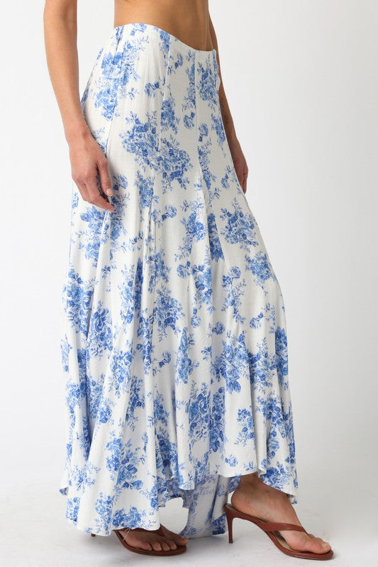 High Waist Ruffle Floral Print Maxi Skirt Blue