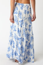 High Waist Ruffle Floral Print Maxi Skirt Blue