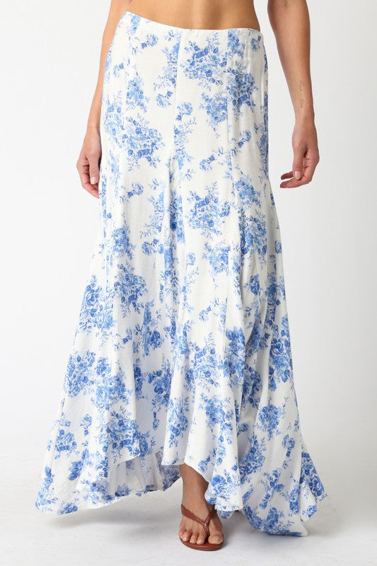 High Waist Ruffle Floral Print Maxi Skirt Blue