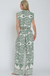 Sleeveless Shoulder Pad Printed Top And Wide Leg Pants Set Green