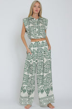 Sleeveless Shoulder Pad Printed Top And Wide Leg Pants Set Green