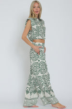 Sleeveless Shoulder Pad Printed Top And Wide Leg Pants Set Green