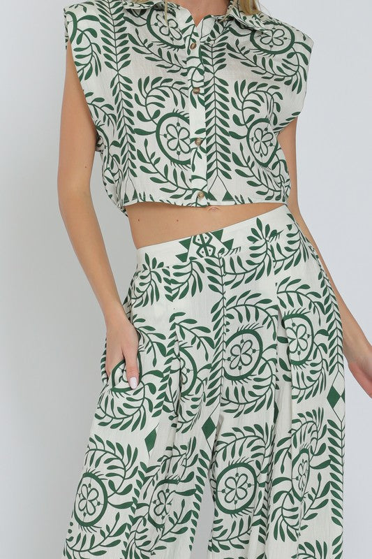 Sleeveless Shoulder Pad Printed Top And Wide Leg Pants Set Green